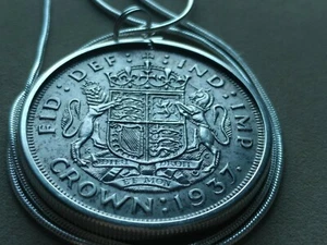  1937 SILVER English Crown Pendant on a .925 24" Silver Chain. 38mm KGVI  - Picture 1 of 8