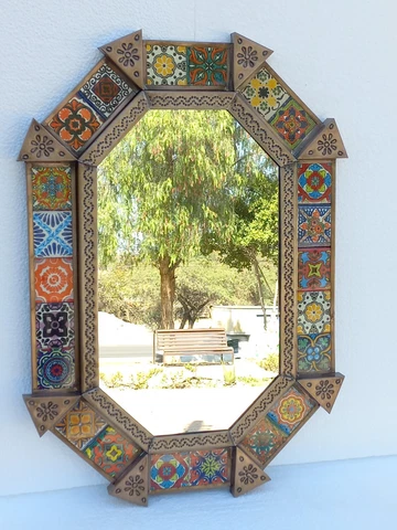 21" PUNCHED TIN MIRROR octagonal oval mixed talavera tiles mexican folk art Cover