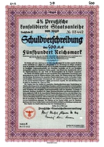 MEGA RARE WW2-DATED NAZI "BLUE EAGLE" BOND(S) 500-5000-50000 Marks BUY 3 GET ALL - Picture 1 of 7