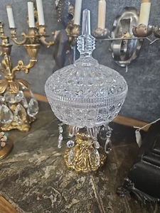 Vintage Etched Crystal Candy Dish w/Lid w/Brass Pedestal B289 - Picture 1 of 8