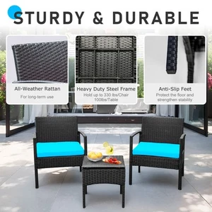 3 PCS Outdoor Furniture Wicker with Cushions Patio Bistro Table and Chair Set - Picture 1 of 9