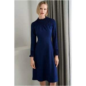THE FOLD London Navy Blue Gem Dress Virgin Wool Zipper Closure Smocked Size 10 - Picture 1 of 9