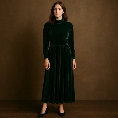 Vintage 80s Carroll Reed Green Crushed Velvet Maxi Dress Mock Neck Long Sleeve - Image 1 of 4