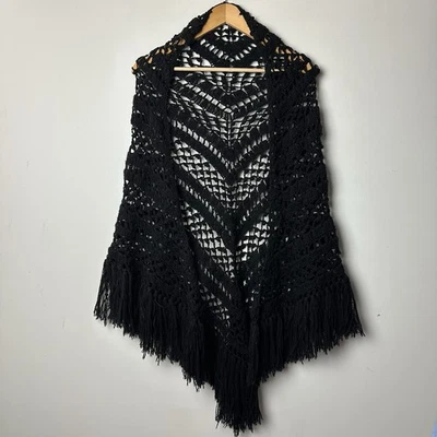 Vtg Hand Knit Crochet Shawl Scarf Wrap Black Fringe Boho Festival Granny 70s 90s - Image 1 of 4