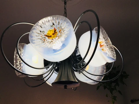 Mid Century Murano Mazzega Orbital Chandelier Ceiling Light Chrome White Orange Cover