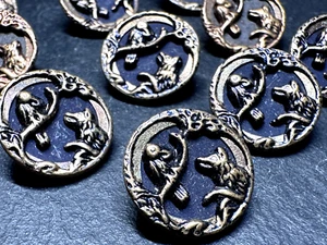 10 ANTIQUE? ROUND BRASS SHANK 14MM BUTTONS : FOX OR WOLF & BIRD IN TREE - Picture 1 of 13