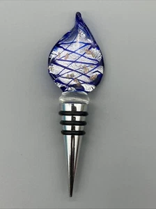 Vintage Murano Style Art Glass Wine Bottle Stopper Cobalt Blue Silver Teardrop - Picture 1 of 10