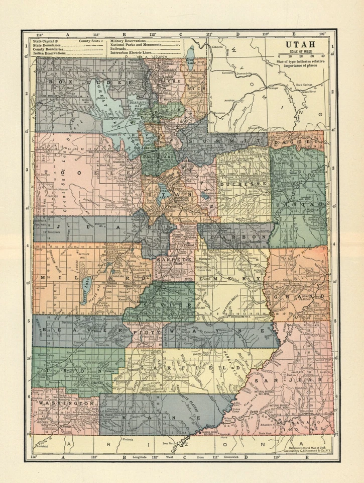 Mapa estatal vintage - UTAH - 8 x 11 pulgadas CIRCA 1905 por C. S. HAMMOND colorido Foto 1 de 1