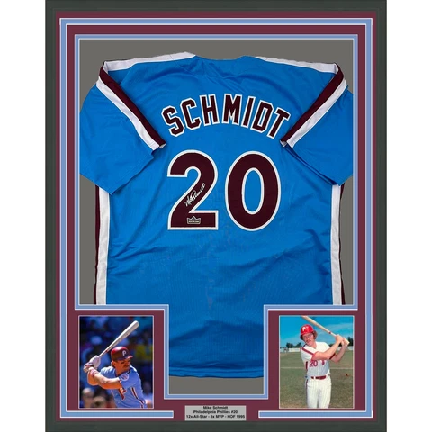 Framed Facsimile Autographed Mike Schmidt 33x42 Blue Reprint Laser Auto Jersey Cover