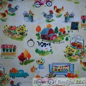 BonEful FABRIC FQ Cotton Quilt Tan Rainbow Bike Chicken Barn Farm Scenic Toile S - Picture 1 of 15