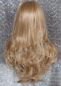 Peluca completa mezcla de cabello humano calor OK bangs largos ondulados en capas mezcla rubia WBKT 14/22 - Imagen 1 de 6