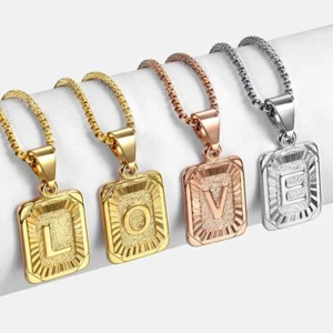 Initial Letter Name Necklace Pendant Gold Plated Stainless Steel Chain Unisex - Picture 1 of 12