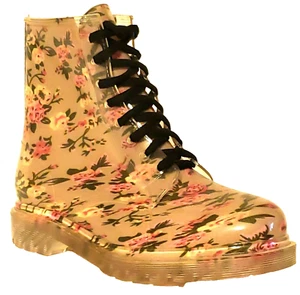 ROCK CANDY Clear Jelly Pink Floral Waterproof Combat Rain Boots 9.5 - RETAIL $85 - Picture 1 of 5