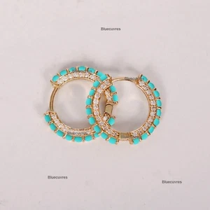 Arizona Turquoise & Hidden Natural Diamonds Hoops Solid 14k Gold Wedding Jewelry - Picture 1 of 4