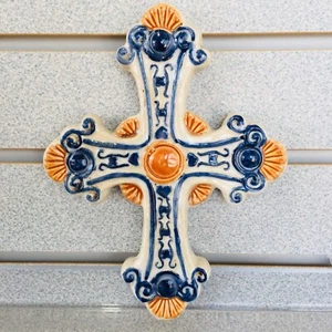 Holy Pottery handbemalt blau Keramik glasiert Kreuz Cruz Crux 8,5" - Bild 1 von 7