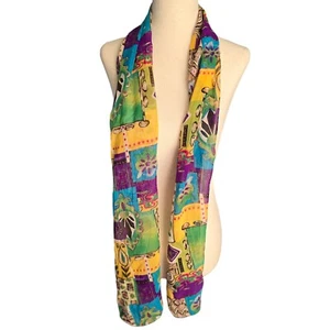 Boho Patchwork Print Scarf Vibrant Multicolor Artsy Abstract Yellow Green Purple - Picture 1 of 8