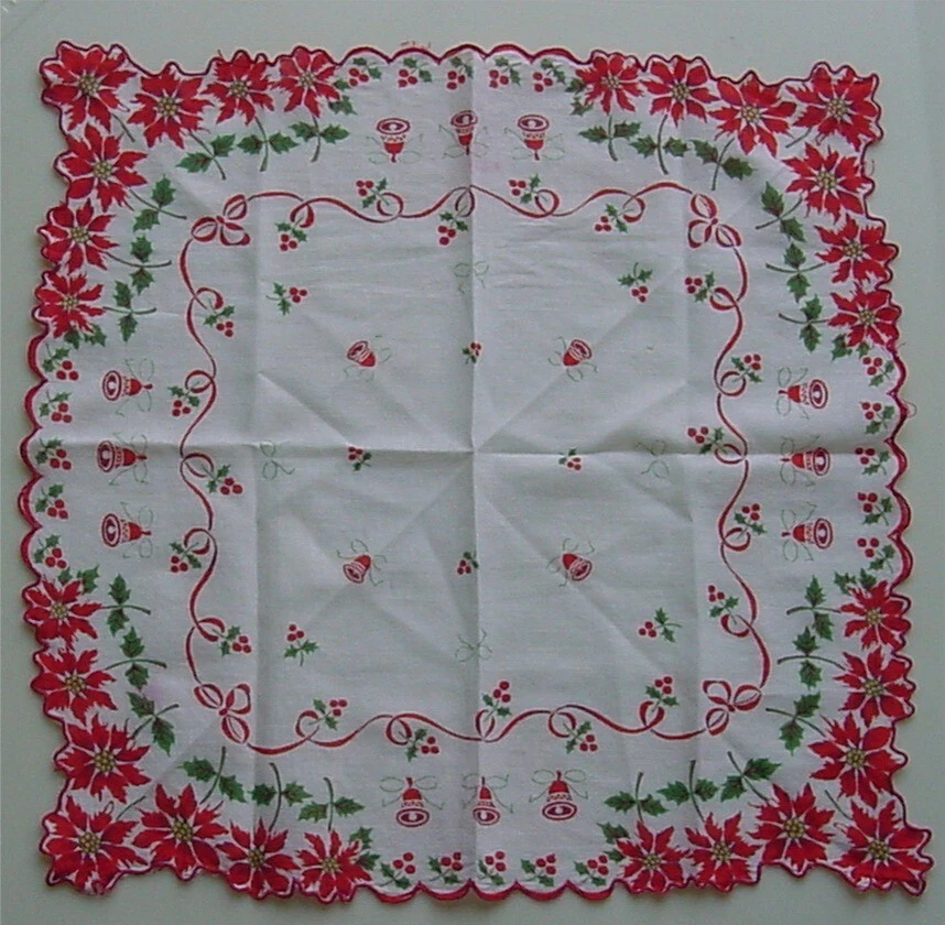 Vintage Christmas Poinsettia Hankie Handkerchief 13" Square Bells Ribbon leaves - Image 1 of 1