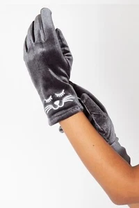 Handschuhe Kitty Retro Vintage Style Grau Samt - Bild 1 von 1