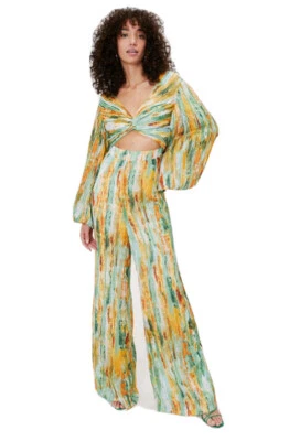 Nasty Gal Green Metallic Gold Chiffon Knot Front Pleated Jump Suit USA 10 - Imagem 1 de 4