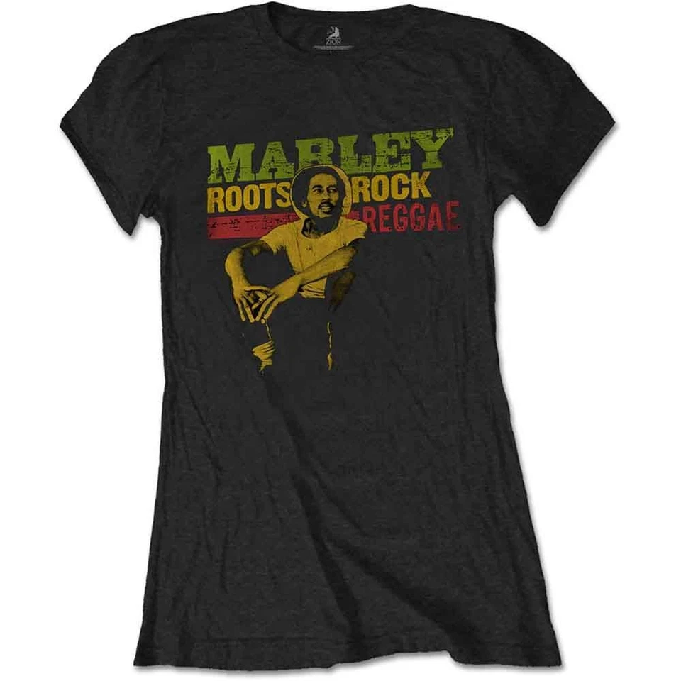 CID Officially licensed Bob Marley Roots Rock Reggae Ladies Black T Shirt Skinny Tee