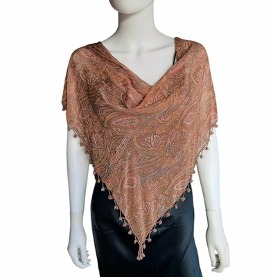 Vtg Paisley Silk Chiffon Beaded Fringe Edge Triangle Scarf Brown/Multi 66"x26" - Image 1 of 4