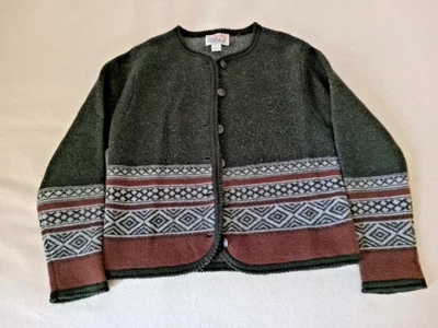 100% Wool Tally-Ho Sweater Jacket Loden Green with Brown/Gray Trim Size M Long - Image 1 of 4