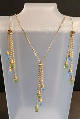 10K Yellow Gold Tassel Lariat Briolette Necklace/Earring set Peridot/Blue Topaz? - Image 1 of 4