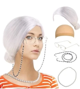 Halloween Abuela Peluca Pelo Blanco Vieja Dama Bollo Disfraz Juego de 5 Piezas - Imagen 1 de 6