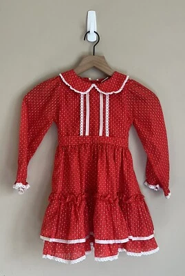 Vestido Bryan Vintage Niñas Rojo Lunares Volantes Giro Talla 6 Años 70 Años 80 Encaje Foto 1 de 4