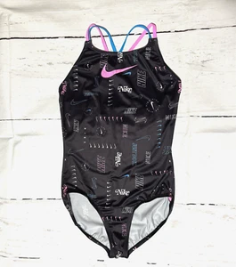 Nike swimsuit NWT girls XL black all over logo print spiderback one piece - Picture 1 of 8