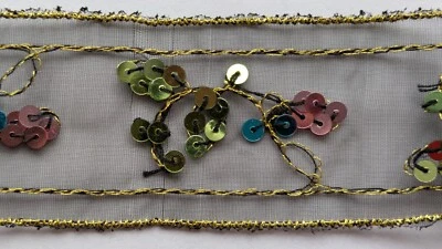 1.5 Inch Black Mesh Trim with Gold Embroidery with multicolor Sequins - Image 1 of 4