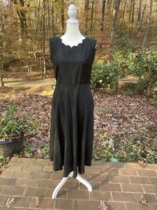 Vintage 60's Black Silky Scalloped Neckline Cocktail Dress Floral Handmade - Picture 1 of 16
