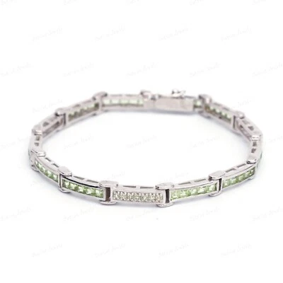 Gorgeous 2.5 MM Square Cut Natural Peridot Gemstone 925 Sterling Silver Bracelet - Image 1 of 4