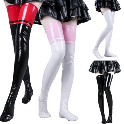 Wetlook Damen Strümpfe Lackleder Oberschenkelhohe Halterlose Overknee Strümpfen - Bild 1 von 4