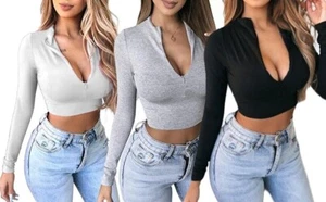 Crop Top Zip Long Sleeves Sweatshirt Slim Fit loungewear Blouse Collared Necked - Picture 1 of 14