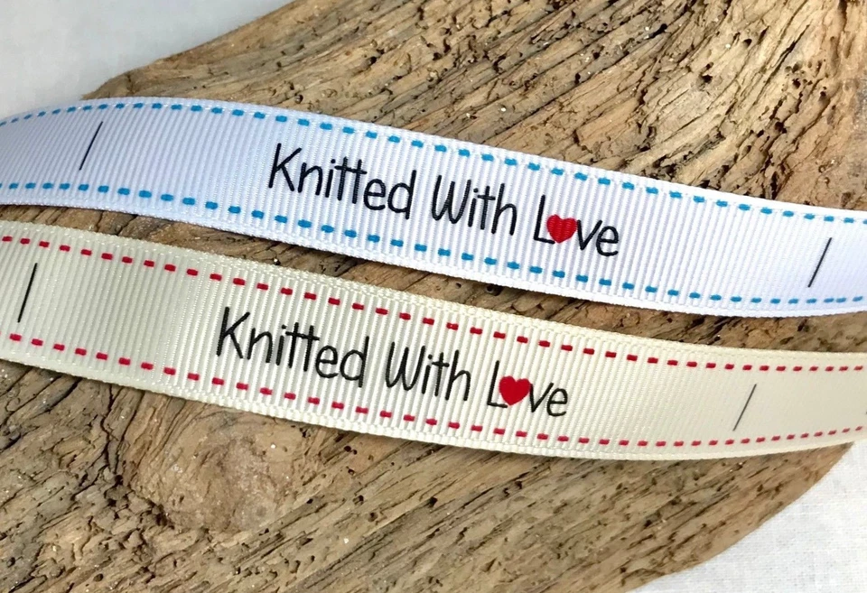 Sew in fabric Knitted with love labels craft white cream grosgrain 16mm 11 p/m - Image 1 of 1