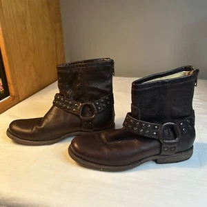 Frye Boots Womens 5 1/2 Phillip Studded Harness Ring Short Moto Biker Zip Brown - Picture 1 of 19