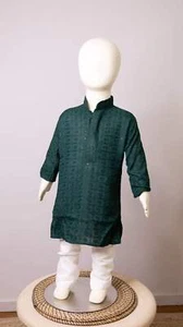 Kids Rayon Chikankari Kurta Set Green - Picture 1 of 7