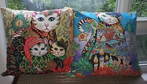 2 Christmas Cats Laurel Burch Throw Pillows 16"x16" Velour Whimsical Very Nice
