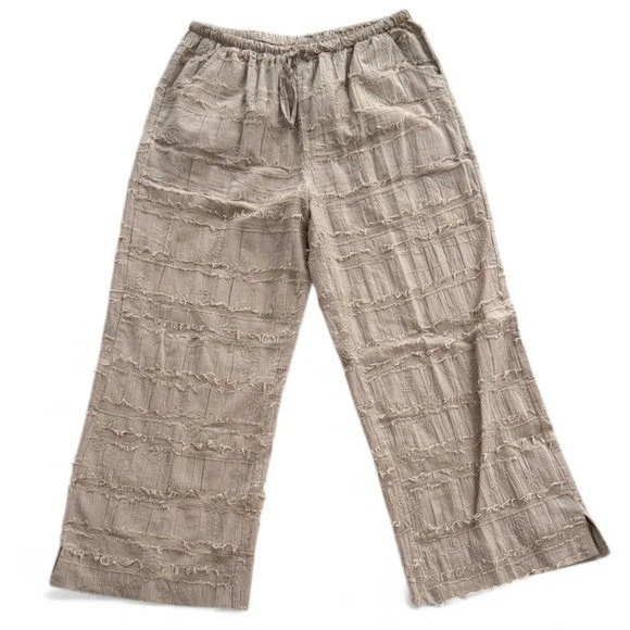 Lulu B Wide Leg Pull On Pants Womens XL Embroidered Boho Cotton Beige Pockets - Image 1 of 4