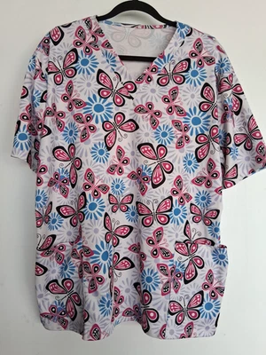 Scrub top Size XL (by measure) white w/ butterfly print. Excellent condition - Image 1 of 4
