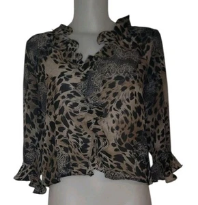 Vtg Y2K 90s Womens Leopard Ruffle Trim Fairy Grunge Goth Coquette Retro Top Sz S - Picture 1 of 4