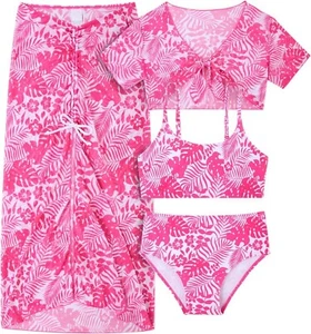 Girls Swimsuit 4 PCS Tropical Bathing Suit Bikini Sets with Cover Up Skirt 7-8Y - Picture 1 of 7