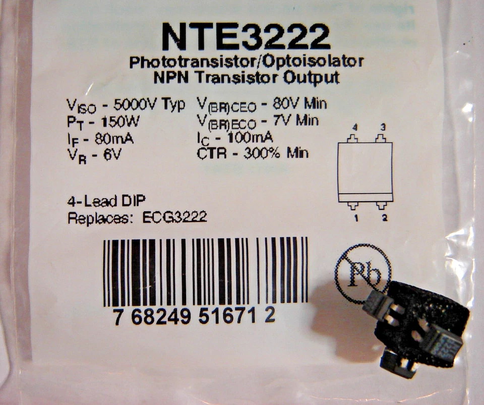 (3) NTE3222 Optoisolator NPN Transistor Output VISO=5000V 4 Lead Dip (ECG3222) - Image 1 of 2