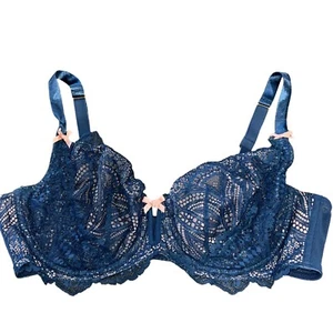 Cacique Womens Unlined Balconette Lace Bra 40D Midnight Blue With Pink Bow Accen - Picture 1 of 5
