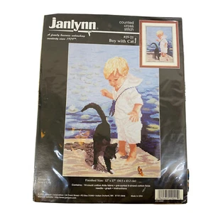 New Janlynn BOY WITH CAT Counted Cross Stitch Kit Made in USA By Nancy Cole 1997 - Picture 1 of 9