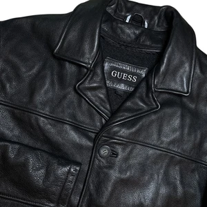 Chaqueta de cuero genuino negra vintage GUESS chaleco de mezcla de lana extraíble para hombre grande - Imagen 1 de 18