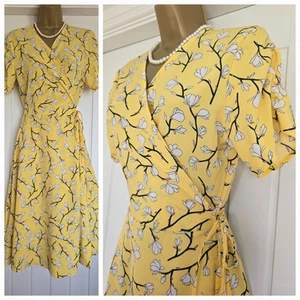 Vintage 1940s 1950s style Yellow Floral Wrap day dress size UK 12 US 8 EU 40 - Picture 1 of 9