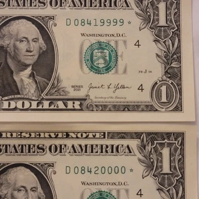 Fancy Serial Star Note Pair 9999 & 0000 – 2021 $1 Bills D Notes UNC Crisp - Image 1 of 4