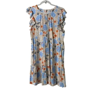 Vestido Loft Manga Volantes Talla L Azul Tostado Naranja Floral En Niveles Western Boho - Imagen 1 de 9